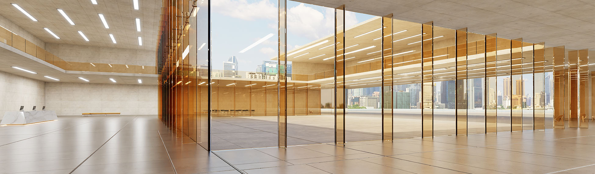 Empty,Modern,Building,Lobby,Featuring,Large,Glass,Panels,,Concrete,Walls,