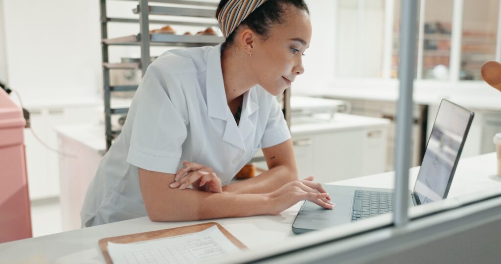 Research,,Smile,And,Laptop,With,Chef,In,Kitchen,For,Online