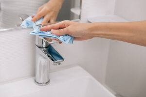 Cleaning,The,Sink,Faucet,With,A,Microfiber,Cloth.,Cleaning,The