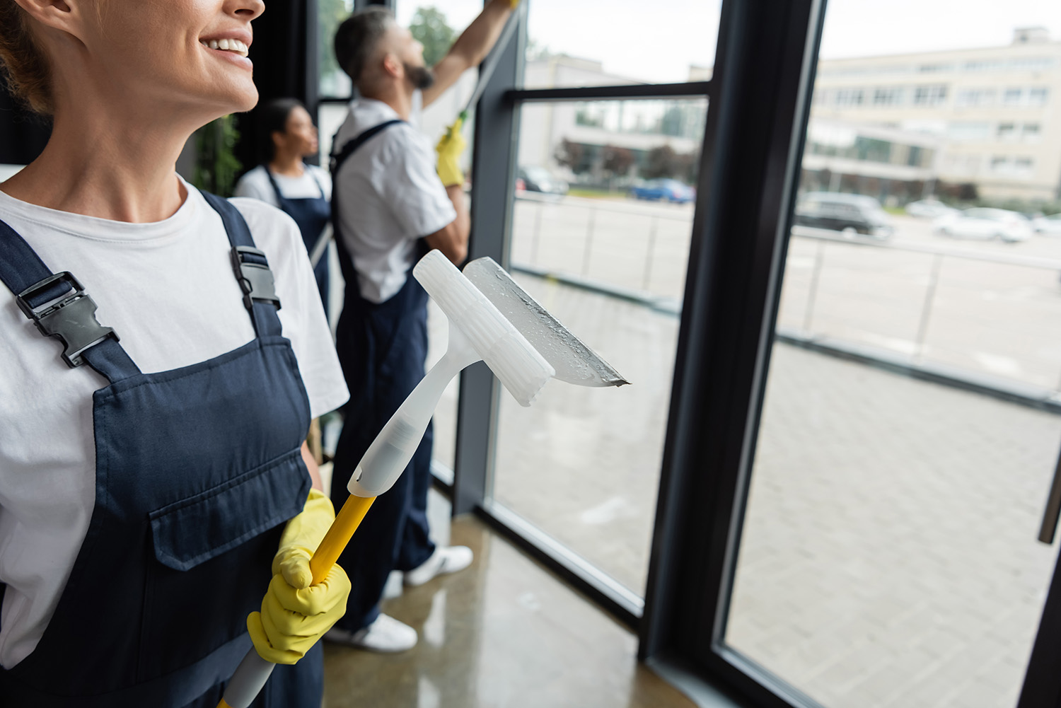 Smiling,Woman,In,Overalls,Holding,Window,Squeegee,Near,Blurred,Multiethnic